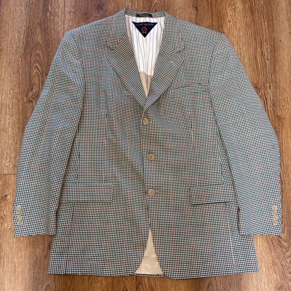 90s Tommy Hilfiger Wool Blazer Mens 43L Houndstooth Check Sport Coat USA Union